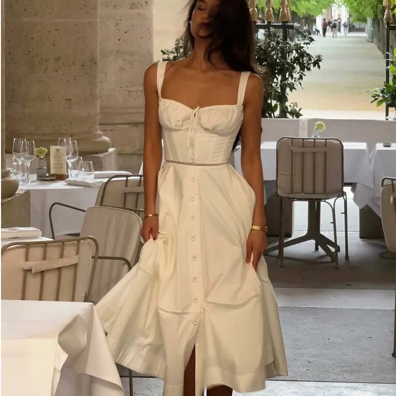 White Corset Midi Dress β Button Front Summer A Line Dress
