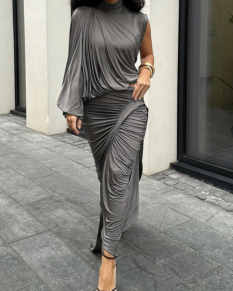 Asymmetric Ruched High Neck Draped Party Mini Dress