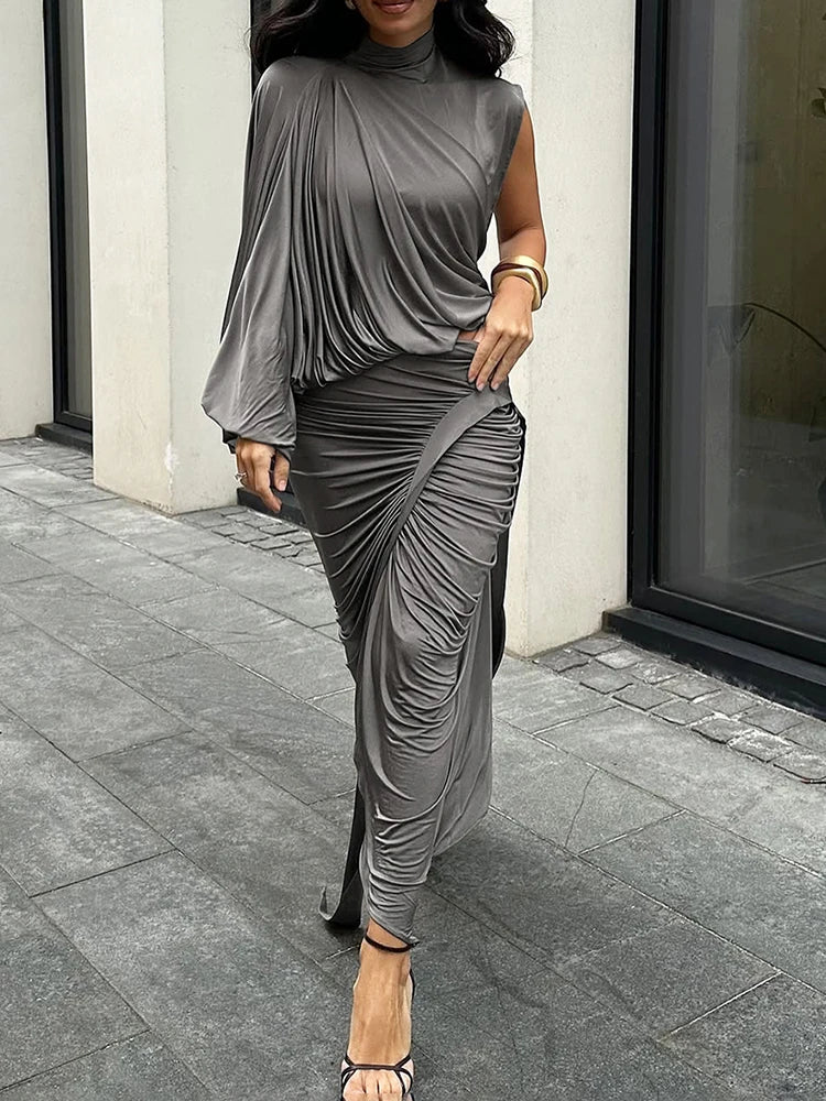 Asymmetric Ruched High Neck Draped Party Mini Dress
