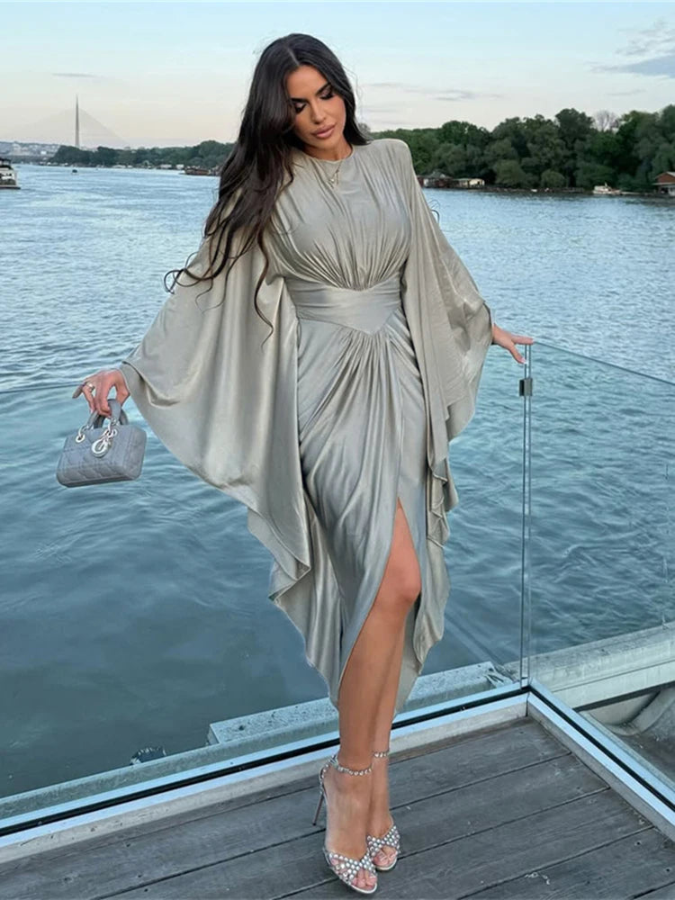 Elegant Batwing Sleeve  Satin Maxi Dress