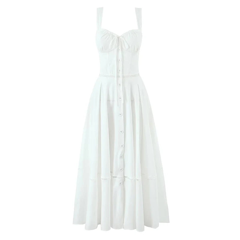 White Corset Midi Dress – Button Front Summer A Line Dress
