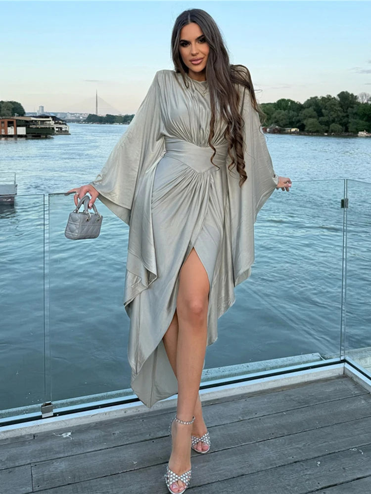 Elegant Batwing Sleeve  Satin Maxi Dress