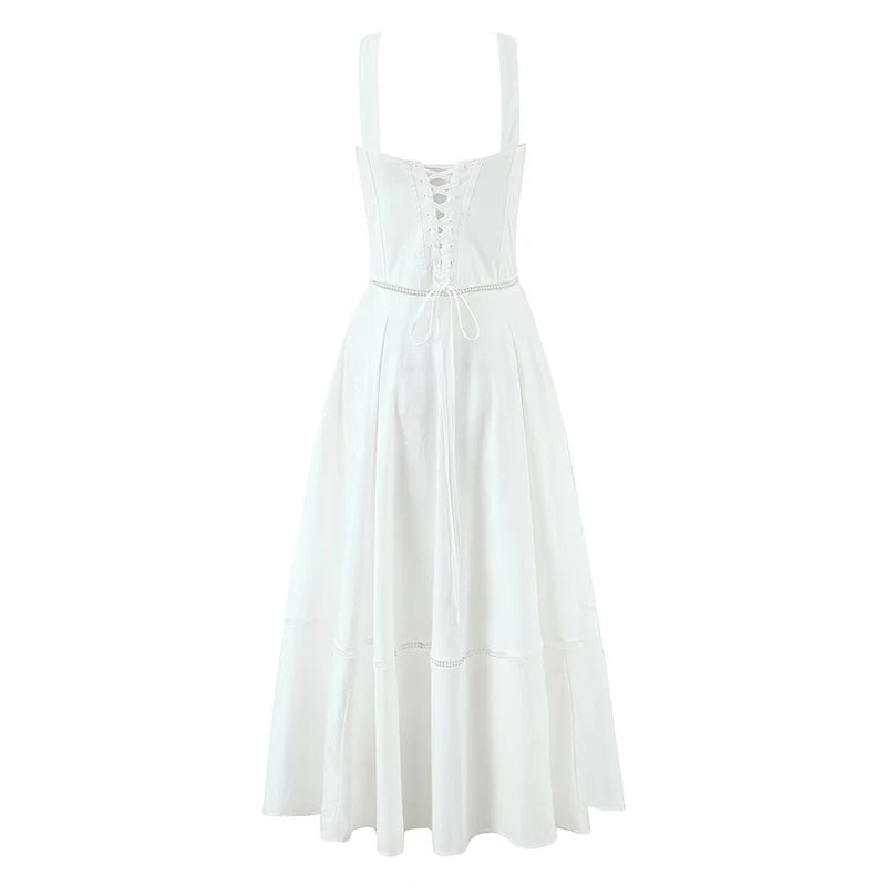 White Corset Midi Dress – Button Front Summer A Line Dress