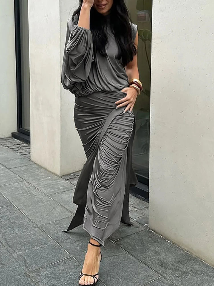 Asymmetric Ruched High Neck Draped Party Mini Dress
