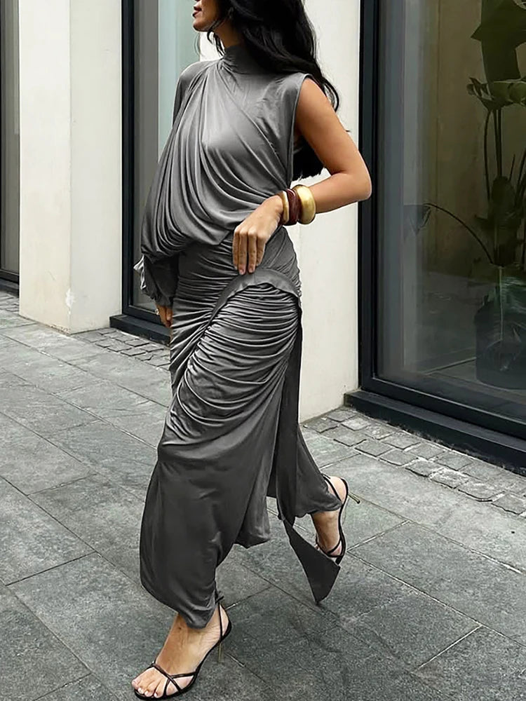 Asymmetric Ruched High Neck Draped Party Mini Dress