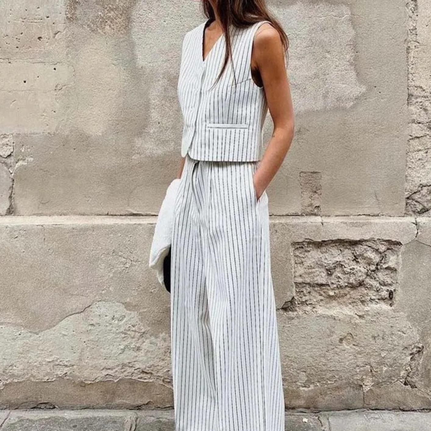 2 Piece Striped Suit Set – Sleeveless Vest & Wide Leg Pants Outfit