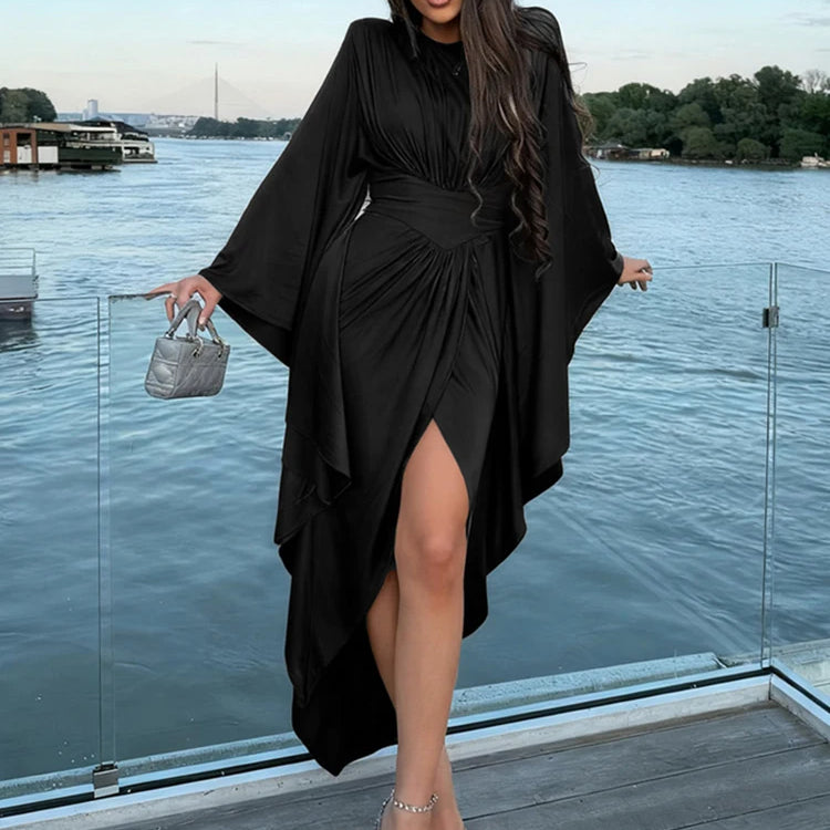 Elegant Batwing Sleeve  Satin Maxi Dress