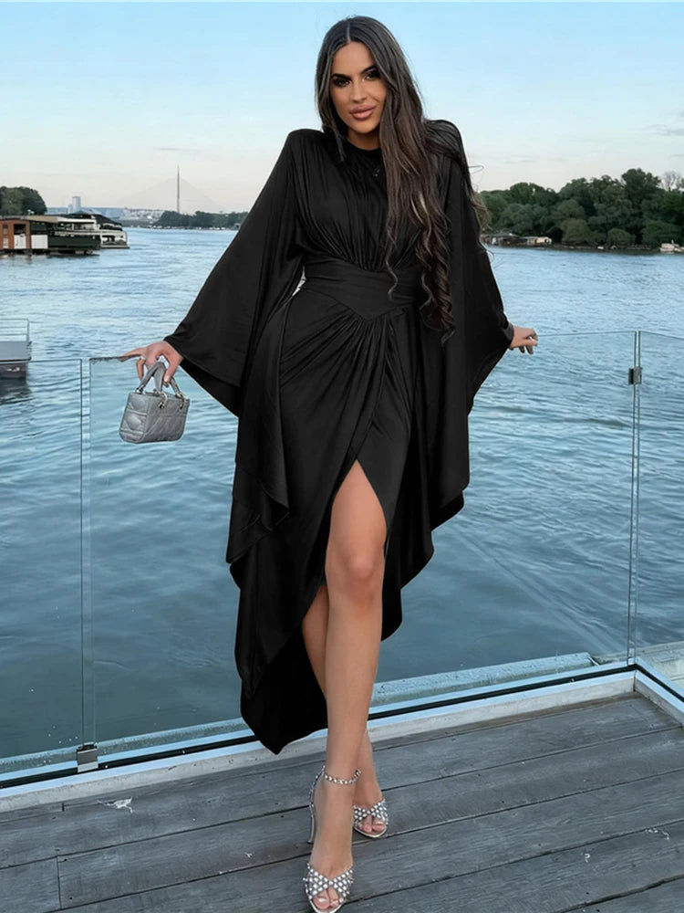 Elegant Batwing Sleeve  Satin Maxi Dress