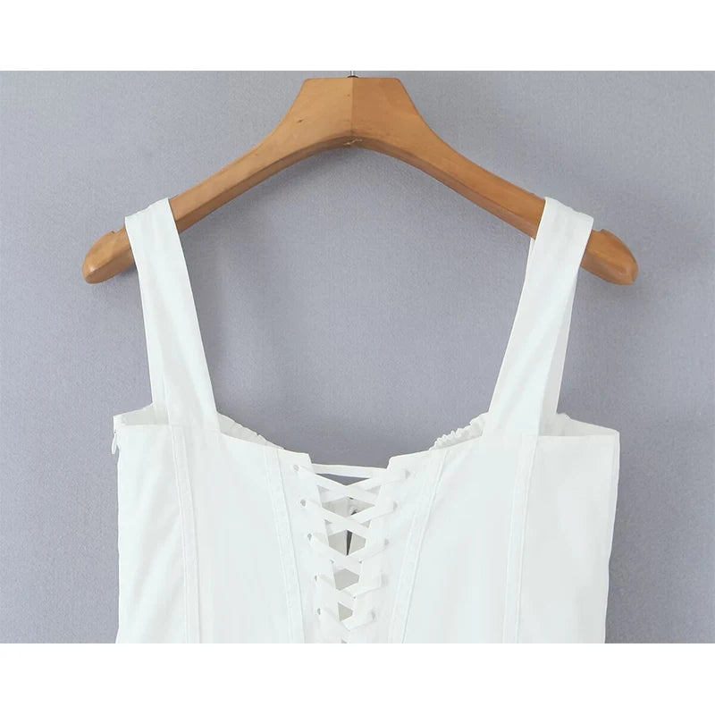 White Corset Midi Dress – Button Front Summer A Line Dress