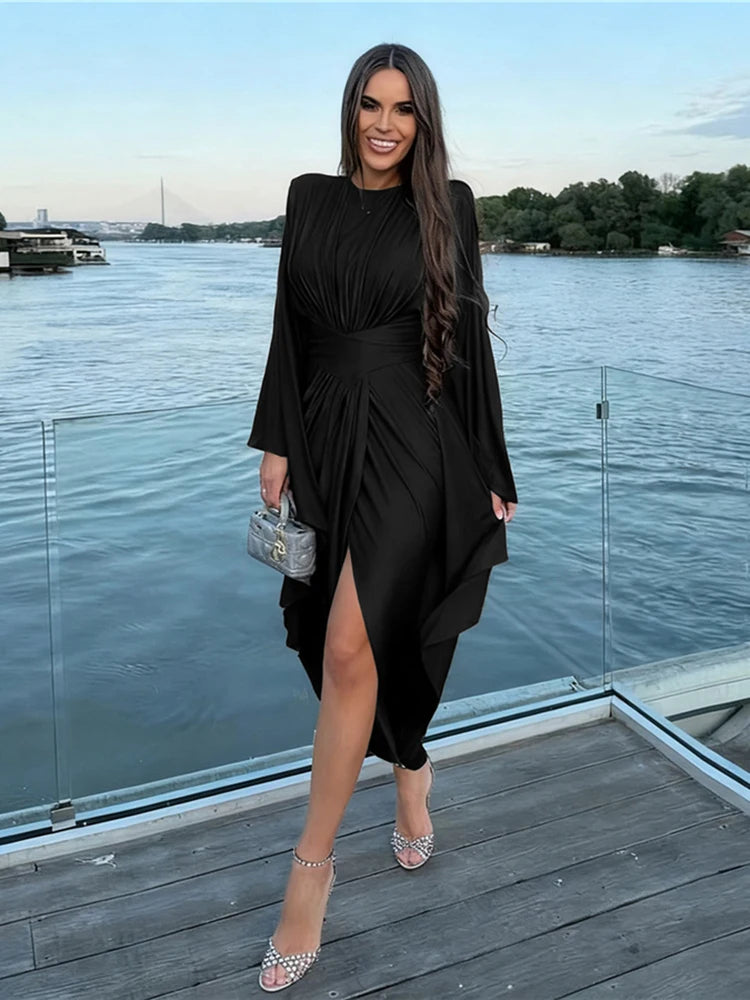 Elegant Batwing Sleeve  Satin Maxi Dress