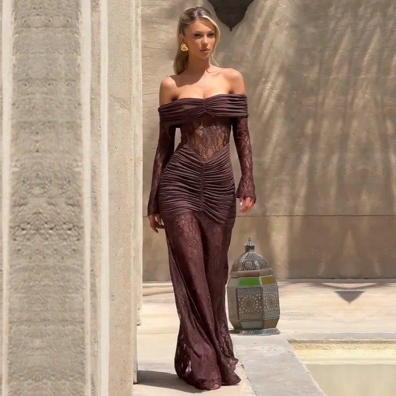 Off Shoulder Lace Maxi Dress β Elegant Ruched Long Sleeve Gown