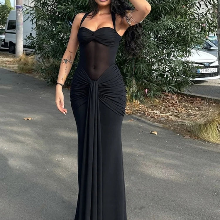 Halter Mesh Ruched Evening Maxi Dress