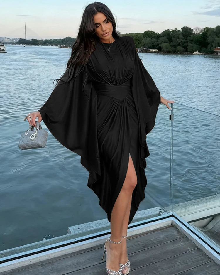 Elegant Batwing Sleeve  Satin Maxi Dress