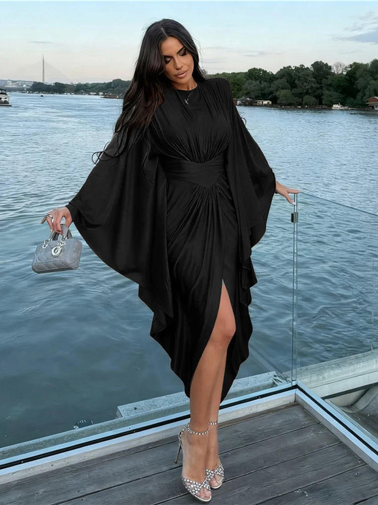 Elegant Batwing Sleeve  Satin Maxi Dress