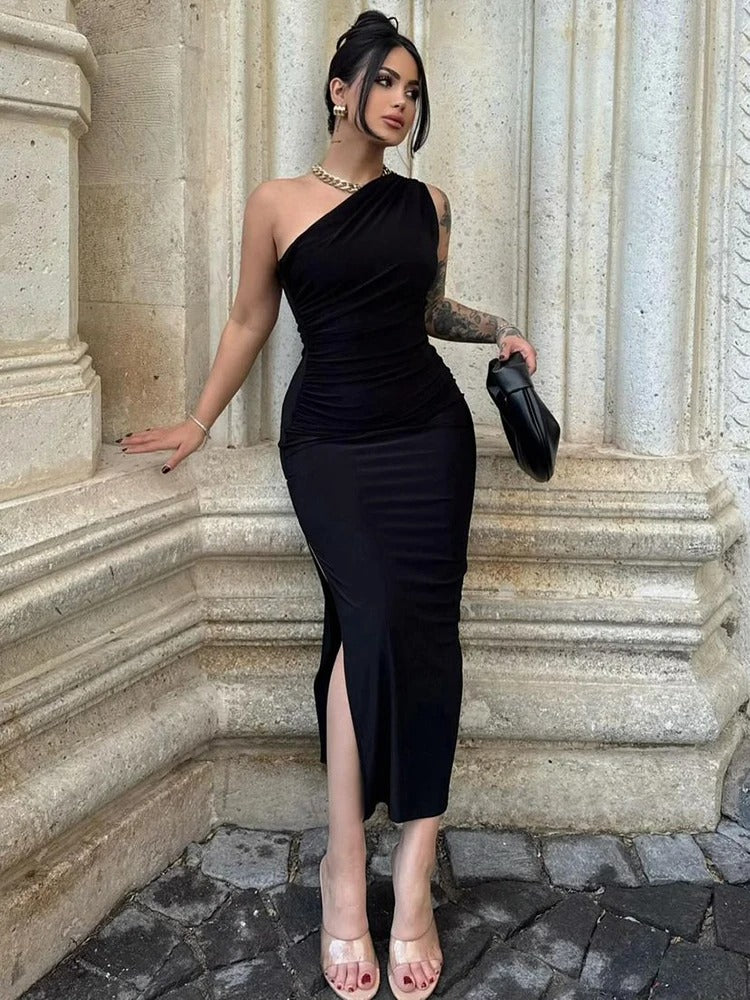 One Shoulder Midi Dress – Elegant Slim Fit Party & Evening Dress