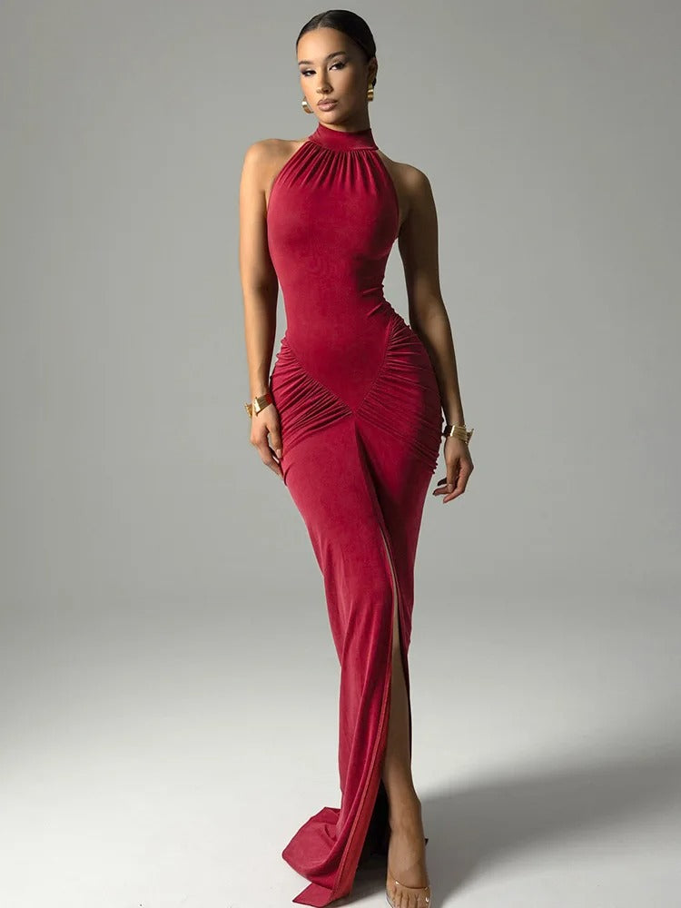 Halter Neck Evening Gown – Sleeveless Ruched Maxi Dress with High Slit