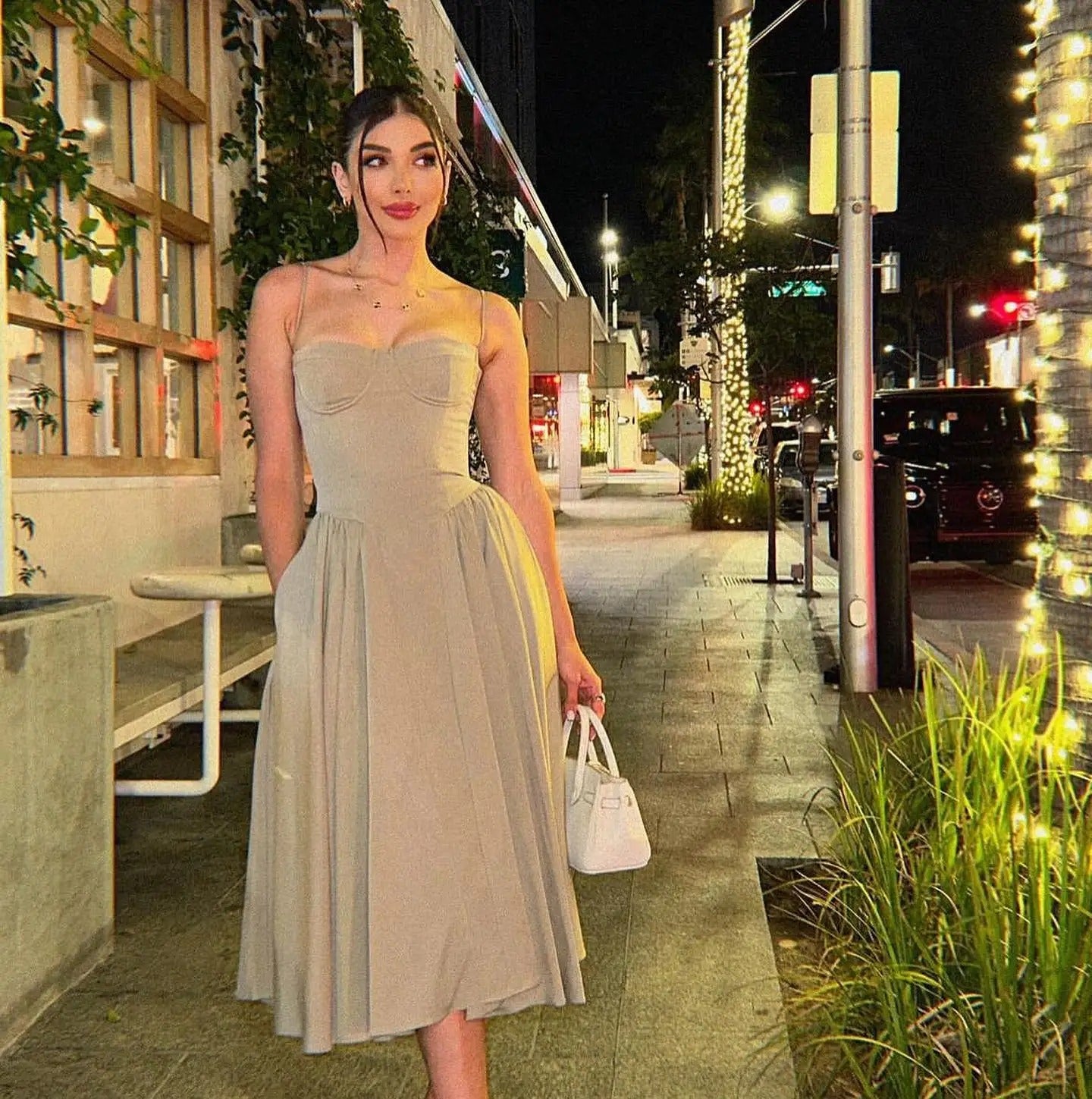 Elegant Spaghetti Strap Pleated A Line Midi Dress
