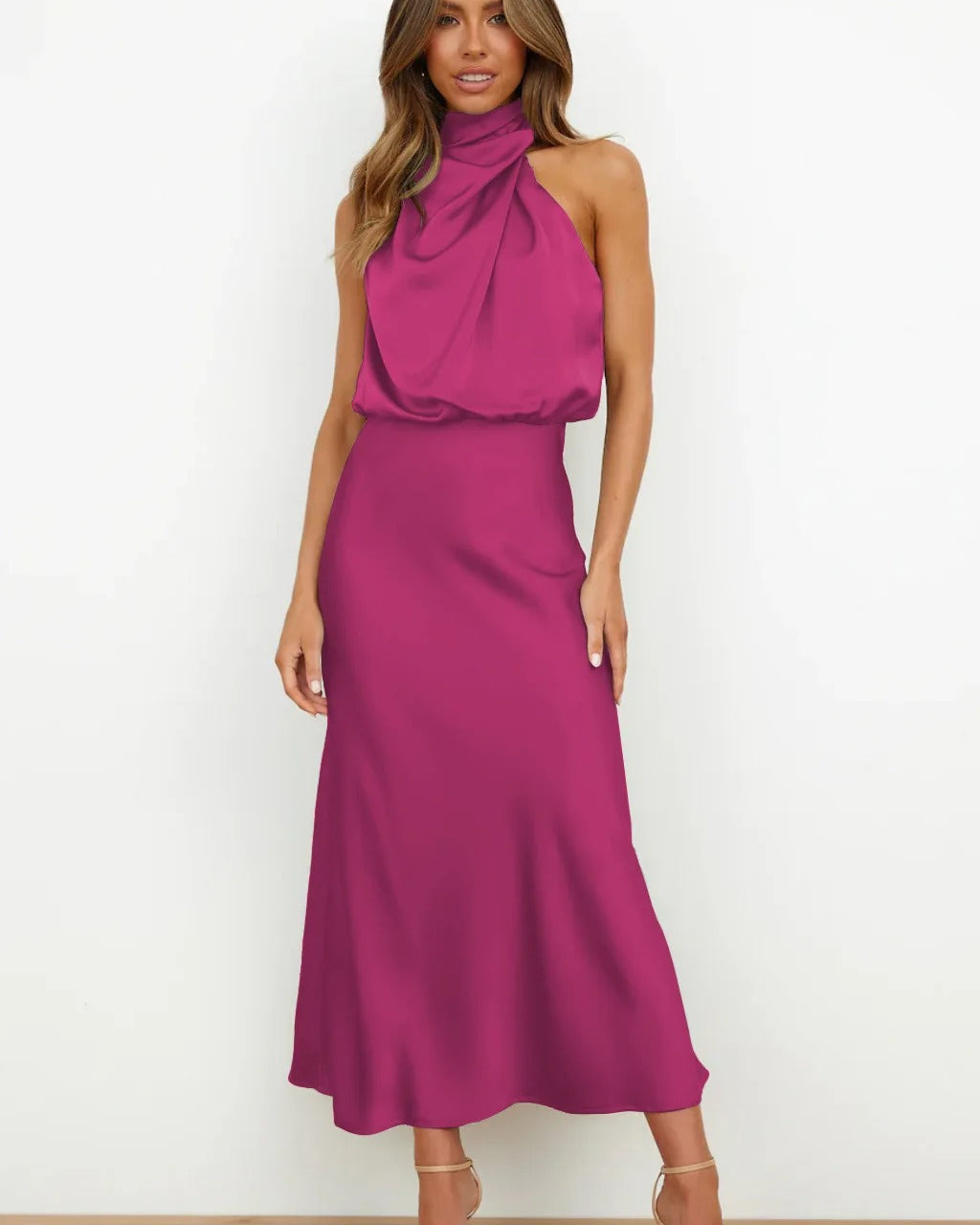 Satin Halter Neck Evening Dress Formal Gown
