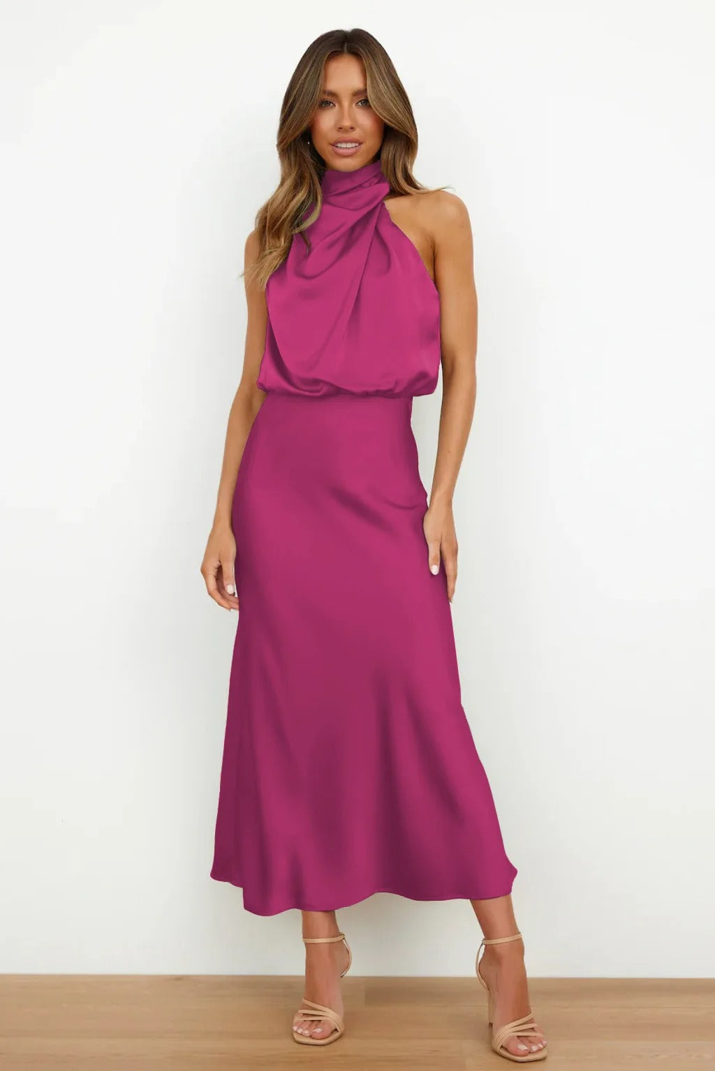 Satin Halter Neck Evening Dress Formal Gown