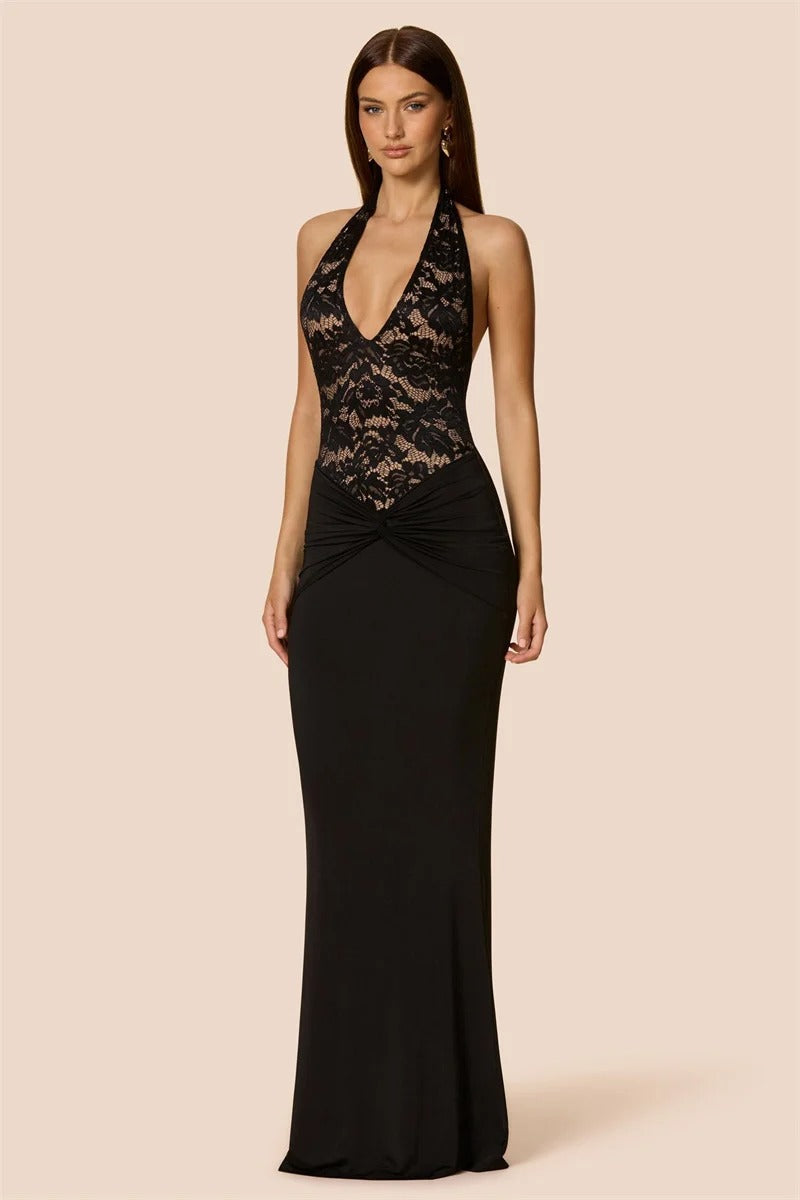 Lace Halter Maxi Dress – Backless Evening Party Gown