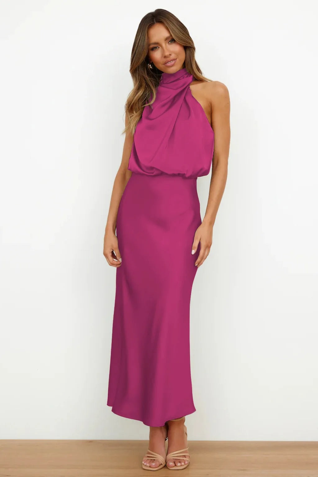 Satin Halter Neck Evening Dress Formal Gown