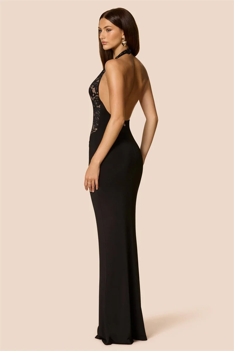 Lace Halter Maxi Dress – Backless Evening Party Gown