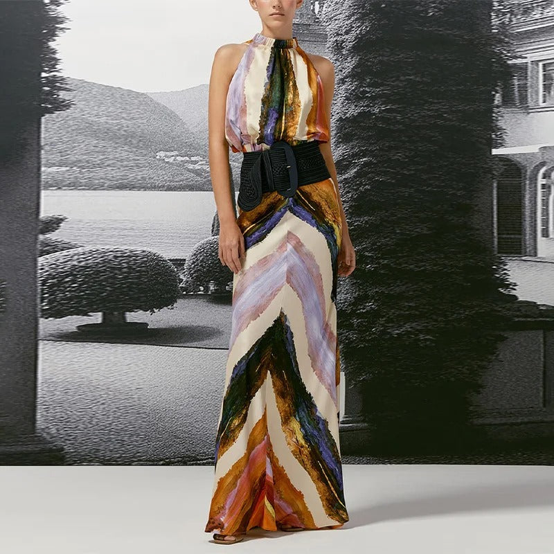 Sleeveless Maxi Dress – Boho Print Halter Neck Evening Gown