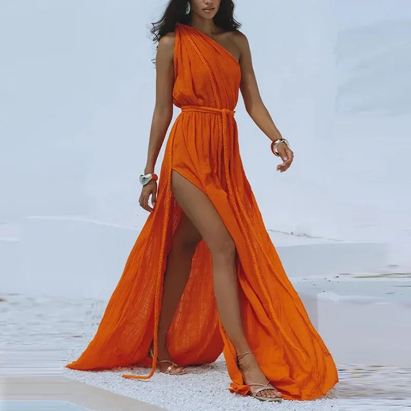 One Shoulder Summer Maxi Dress with High Slit