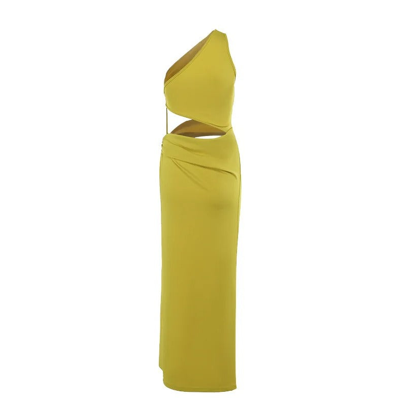 One Shoulder Cut Out Maxi Dress – Elegant High Slit Evening Gown
