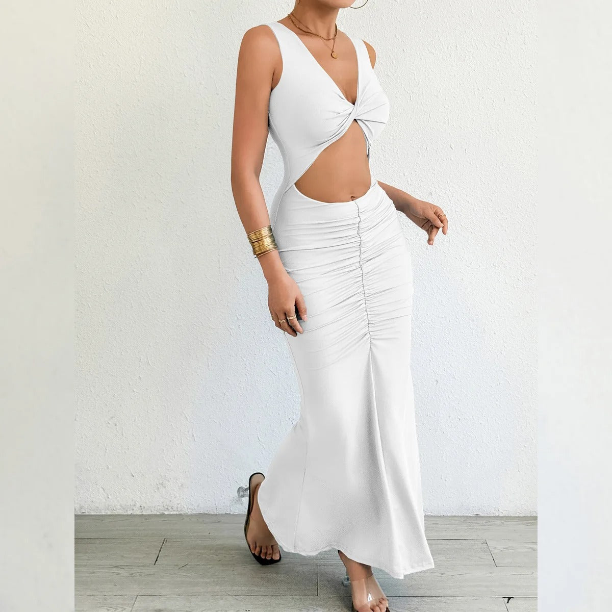 Cut Out Maxi Dress – Sleeveless Ruched Bodycon Evening Party Gown