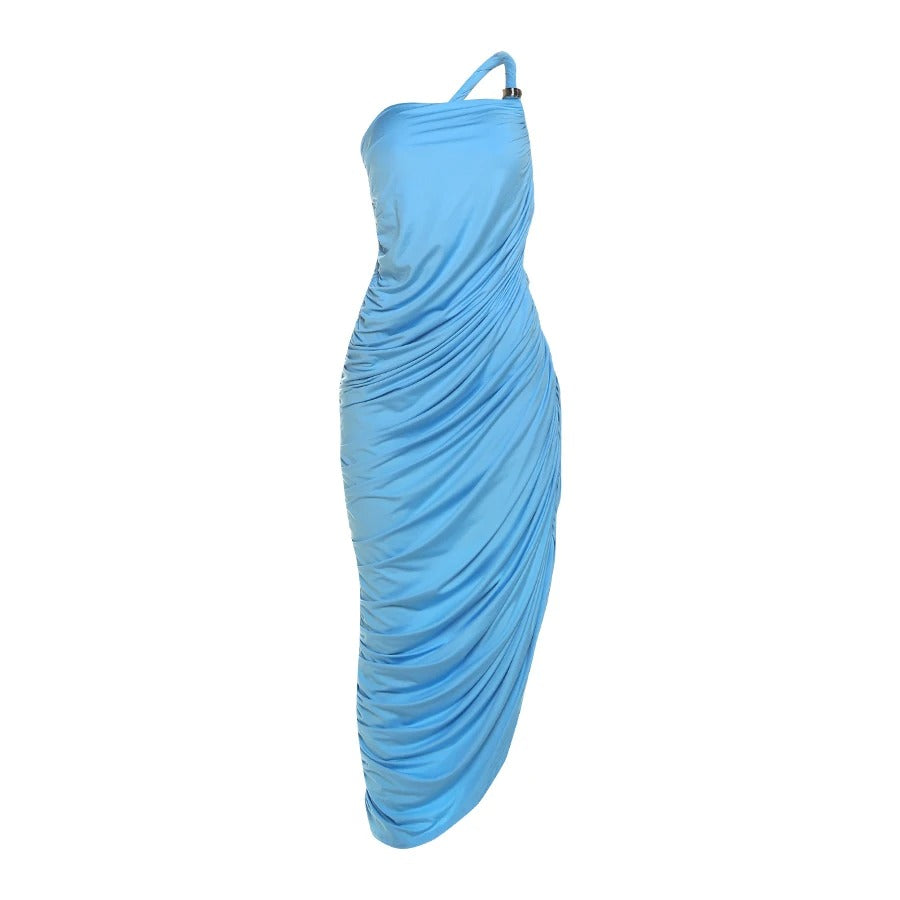 One Shoulder Ruched Maxi Dress – Elegant Blue Evening Gown