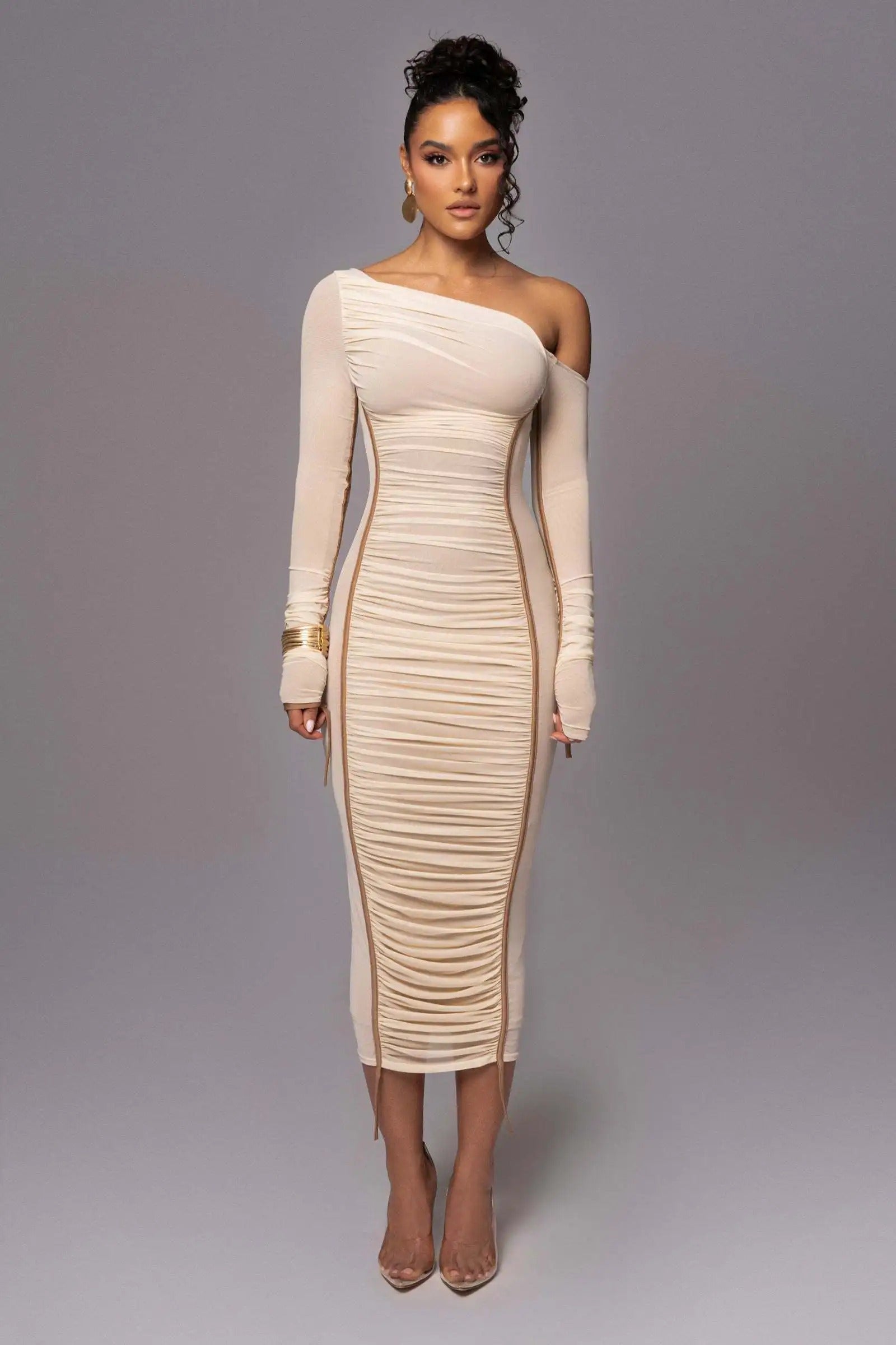 Elegant One Shoulder Long Sleeve Midi Dress – Bodycon Ruched Party Outfit