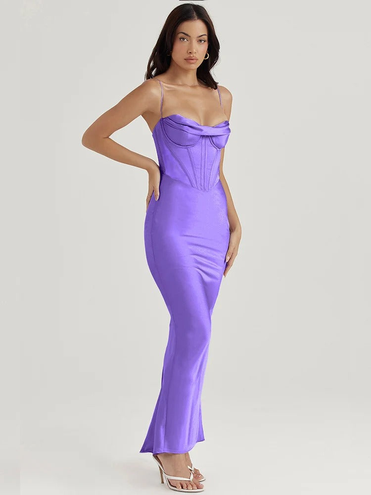 Satin Corset Maxi Dress – Elegant Spaghetti Strap Evening Gown