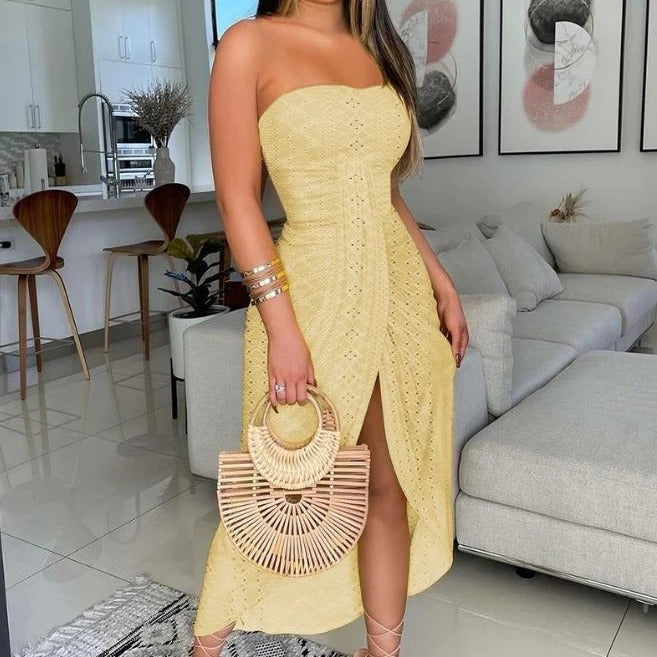 Strapless Midi Dress – Summer Lace Bodycon Party & Casual Cocktail Dress