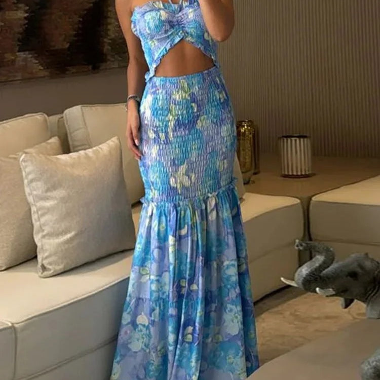 Palm Print Two Piece Set – Strapless Cut Out Ruffle Beach Dress