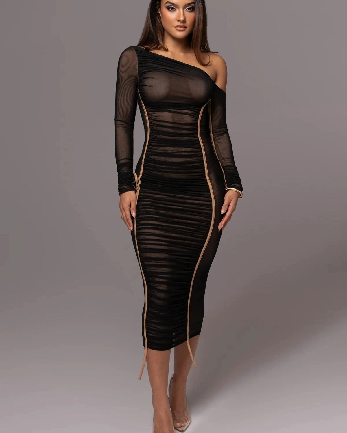 Elegant One Shoulder Long Sleeve Midi Dress β Bodycon Ruched Party Outfit