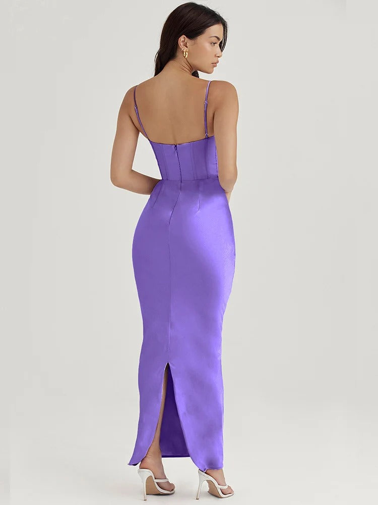 Satin Corset Maxi Dress – Elegant Spaghetti Strap Evening Gown