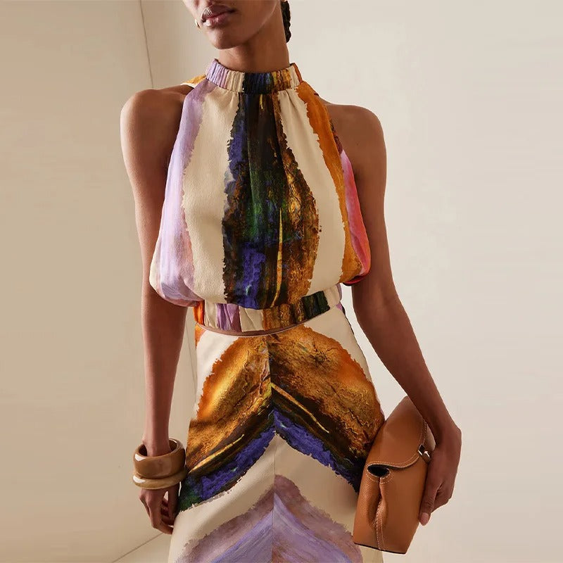 Sleeveless Maxi Dress – Boho Print Halter Neck Evening Gown