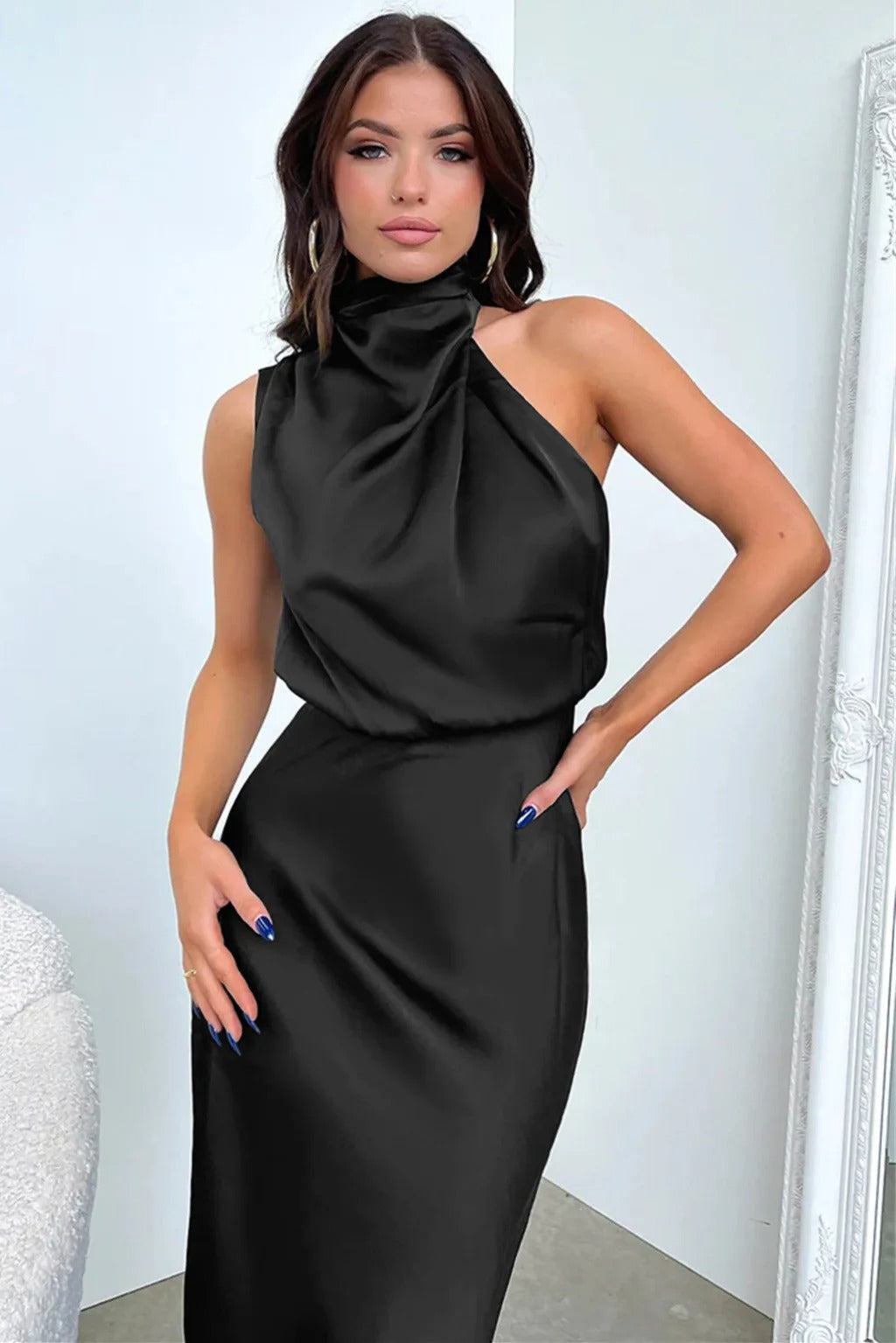 Satin Halter Neck Evening Dress Formal Gown