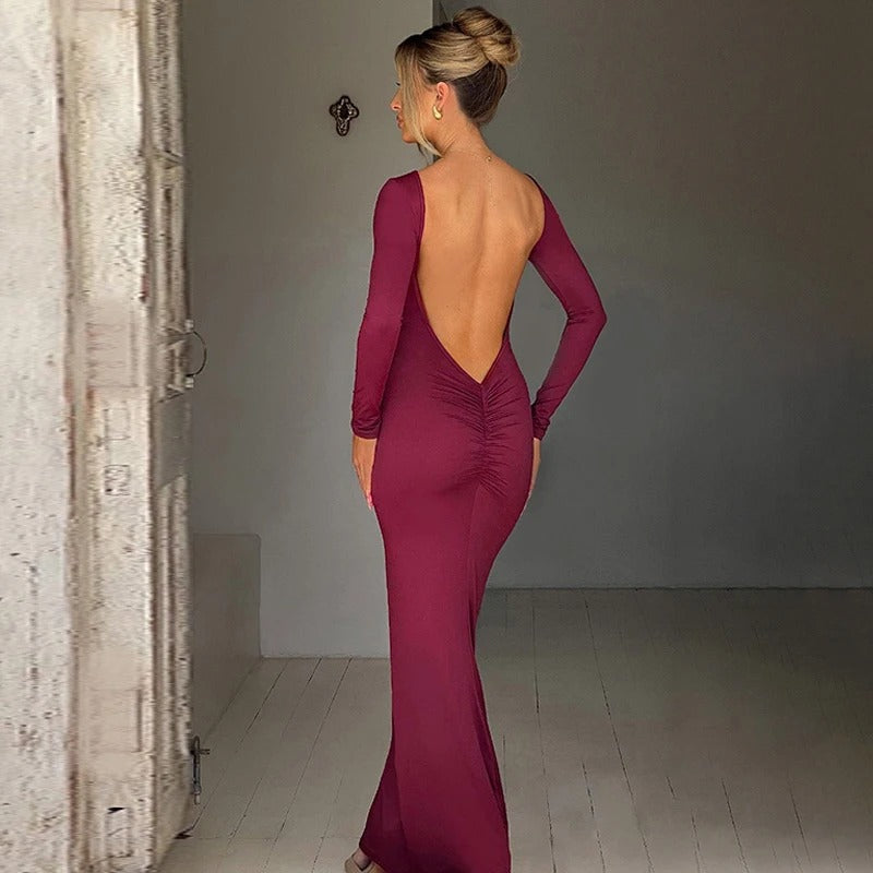 Elegant Backless Maxi Dress – Long Sleeve Evening Gown