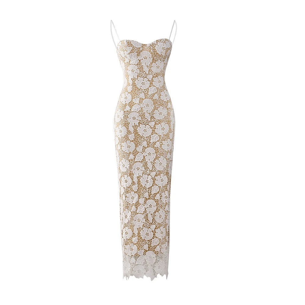 White Lace Bodycon Maxi Dress – Elegant Spaghetti Strap Evening Gown