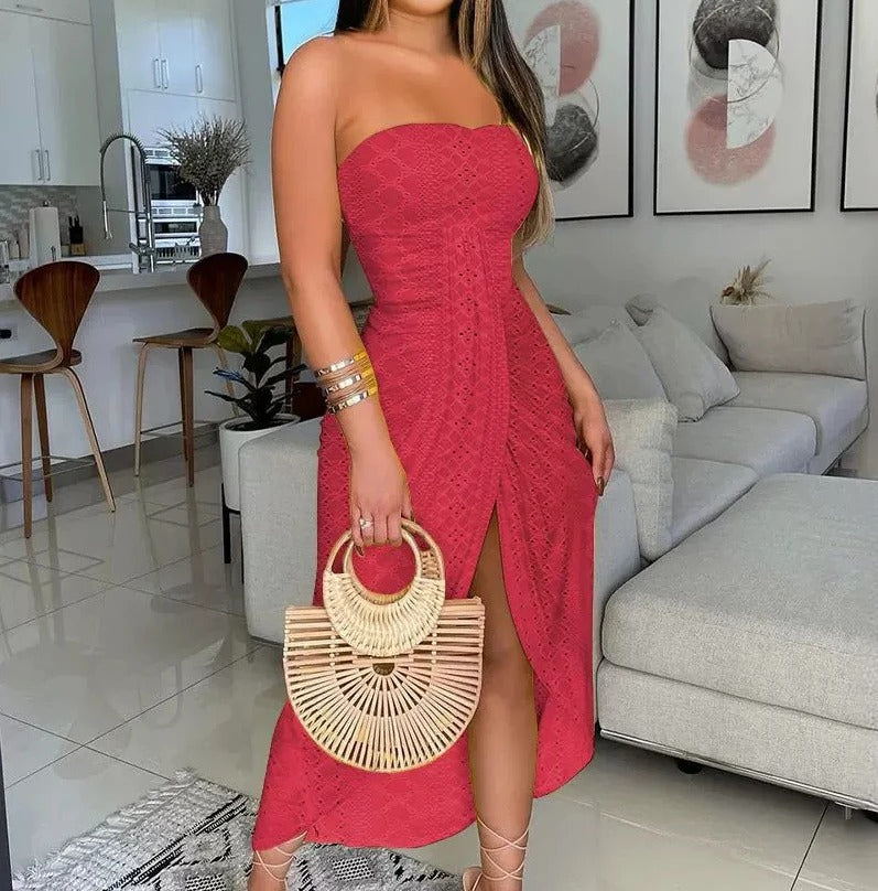 Strapless Midi Dress – Summer Lace Bodycon Party & Casual Cocktail Dress