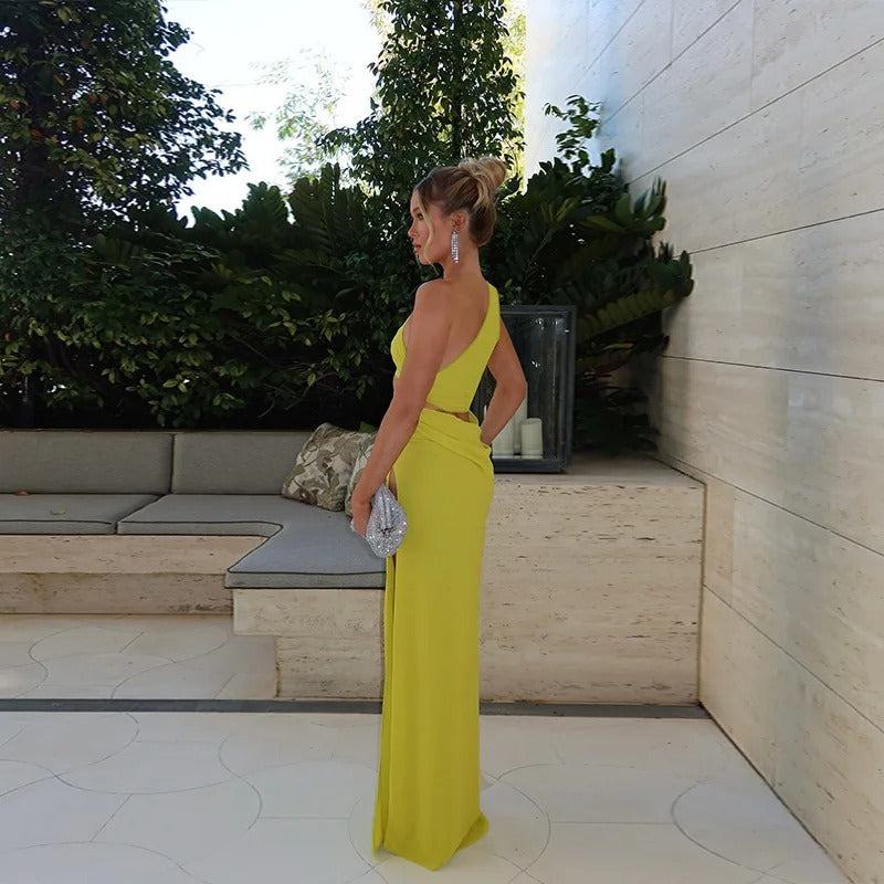 One Shoulder Cut Out Maxi Dress – Elegant High Slit Evening Gown