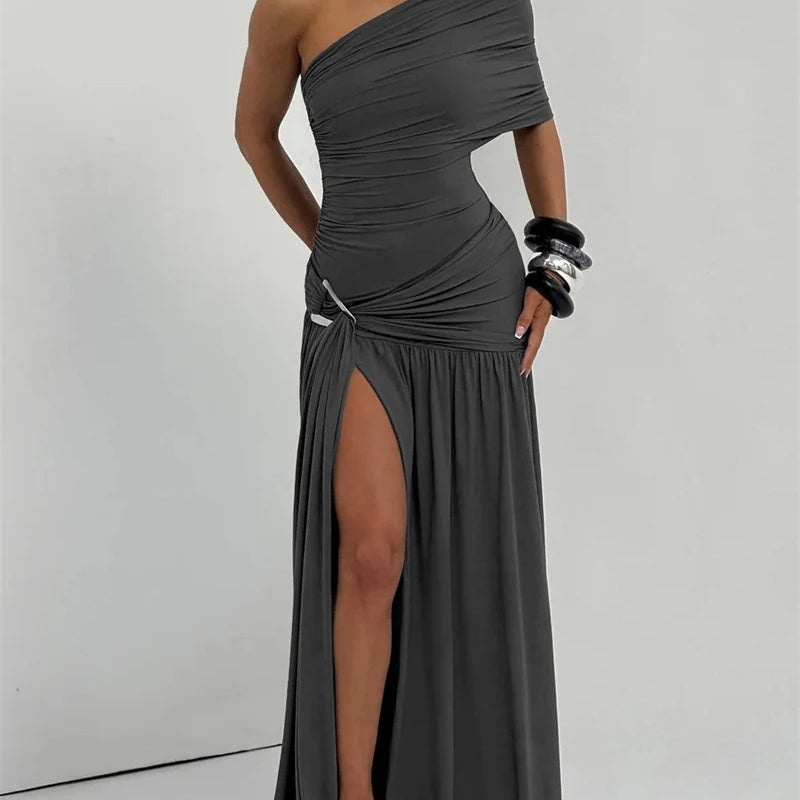 One Shoulder Maxi Dress – Ruched High Slit Gown