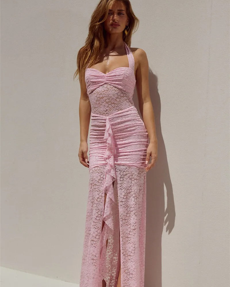 Lace Halter Maxi Dress β Elegant Ruched Summer Party Gown