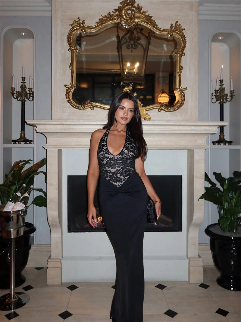 Lace Halter Maxi Dress – Backless Evening Party Gown