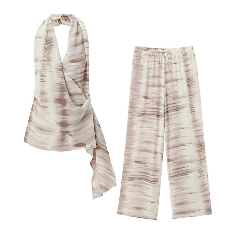 2 Piece Wide Leg Pants Set – Halter Neck Sleeveless Top & Trousers Outfit