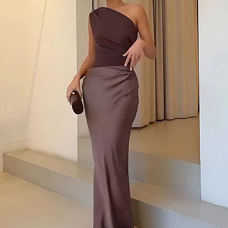 One Shoulder Satin Maxi Dress – Elegant Brown Evening Gown