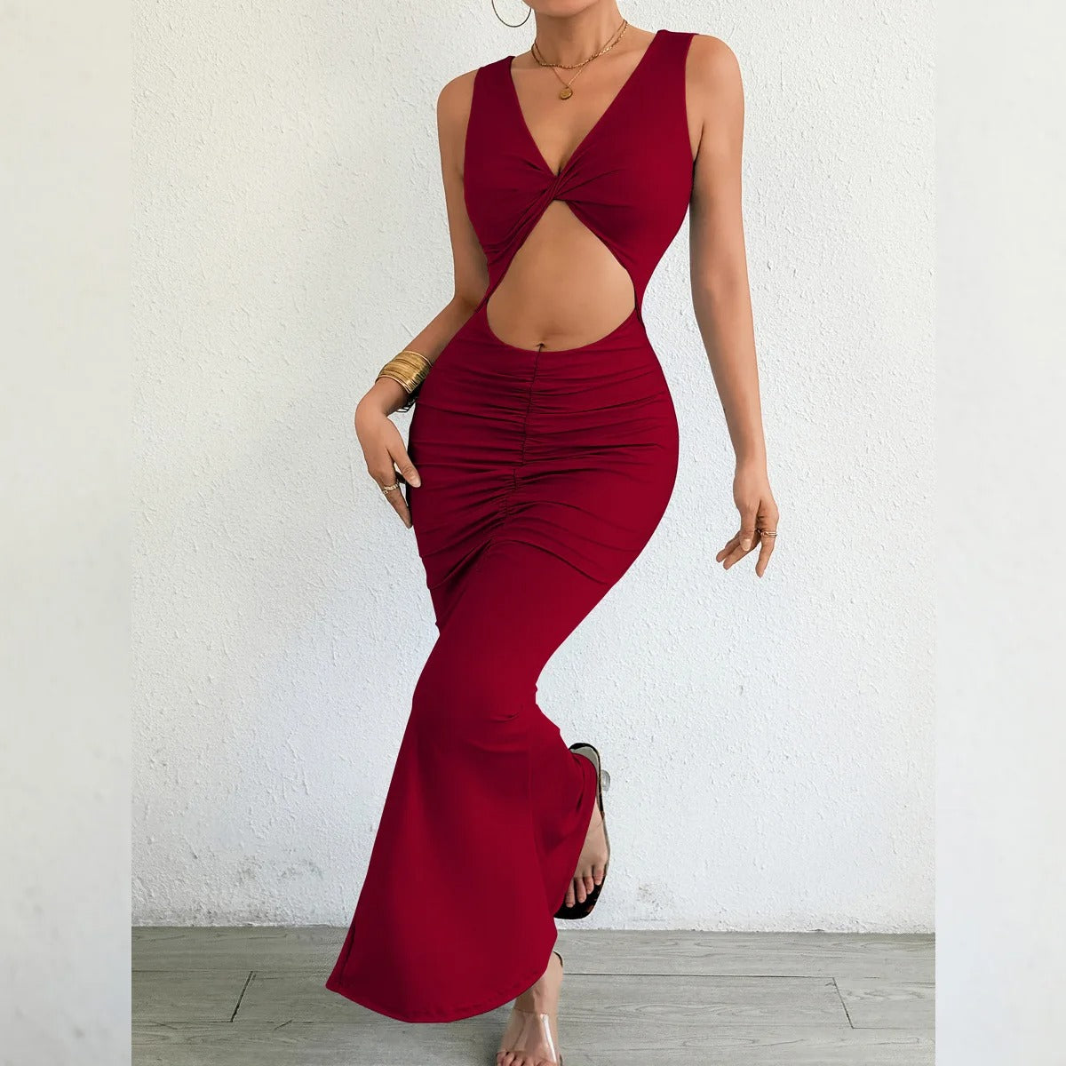 Cut Out Maxi Dress – Sleeveless Ruched Bodycon Evening Party Gown