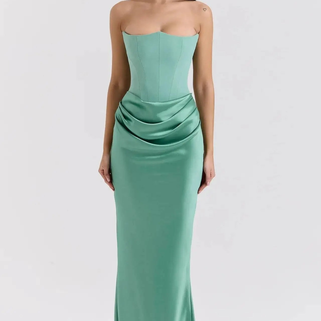 Satin Corset Strapless Maxi Dress – Elegant Off Shoulder Evening Gown